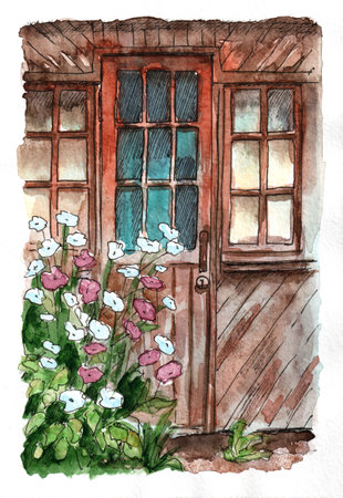 Watercolor illustration, sketch with a wooden door and windows in an old house and flowers in a summer gardenの写真素材