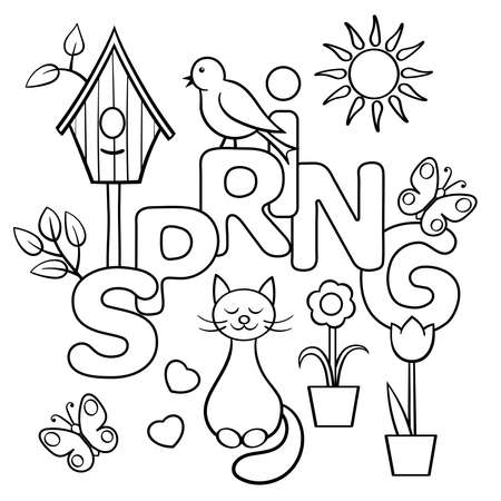 Coloring page with the word SPRING, cat, bird, flowers, hearts, sun, butterflies. vector illustrationのイラスト素材