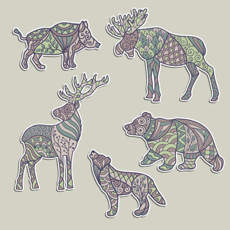 A set of stickers with forest animals: moose, deer, bear, wolf, wild boar in ethnic style with abstract patternsのイラスト素材