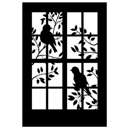 Vector black silhouette of a beautiful window with a bird on a spring blooming treeのイラスト素材