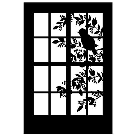 Vector black silhouette of a beautiful window with a bird on a spring blooming treeのイラスト素材