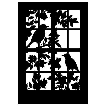 Vector black silhouette of a beautiful window with a bird on a spring blooming treeのイラスト素材