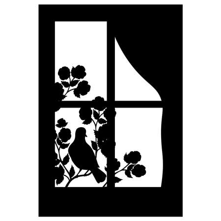Vector black silhouette of a songbird on a flowering branch in spring in a window frameのイラスト素材