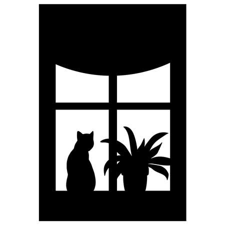 Black silhouette of a window with a cat and a potted houseplant on a white backgroundのイラスト素材