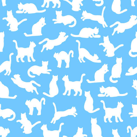 Vector seamless pattern with white silhouettes of cats on a blue backgroundのイラスト素材