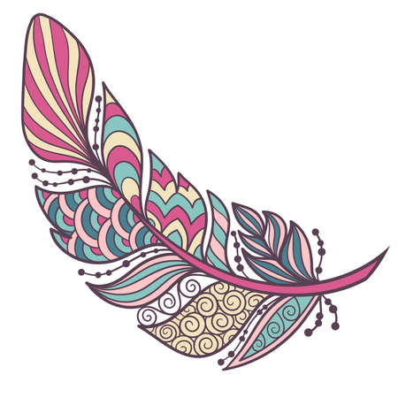 Abstract multicolored feather with ethnic patterns, zenart style, isolate on a white backgroundのイラスト素材