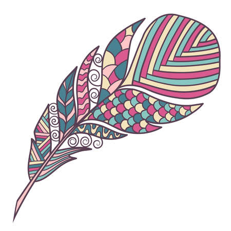 Abstract multicolored feather with ethnic patterns, zenart style, isolate on a white backgroundのイラスト素材