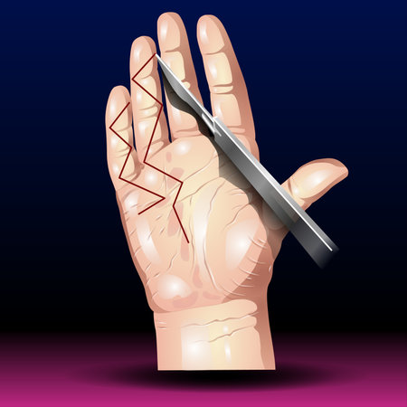 Vector illustration of a hand holding a scalpel to cut a nailの写真素材