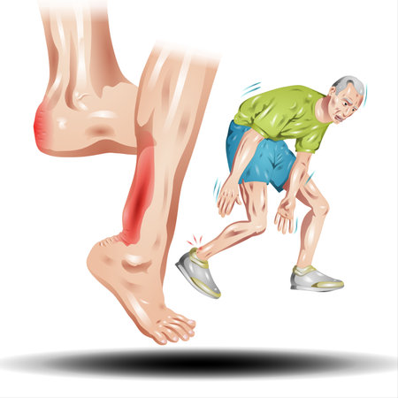 illustration of a senior man suffering from knee pain on white backgroundの写真素材