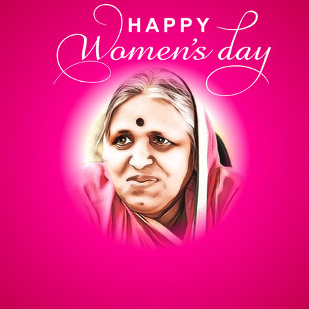 Greeting card with a portrait of a beautiful woman in pink clothes.の写真素材