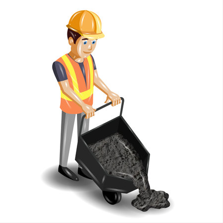 Vector illustration of a construction worker carrying a wheelbarrow full of sandの写真素材