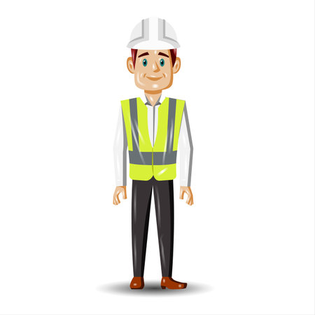 Vector illustration of a male engineer in a hardhat on a white backgroundの写真素材
