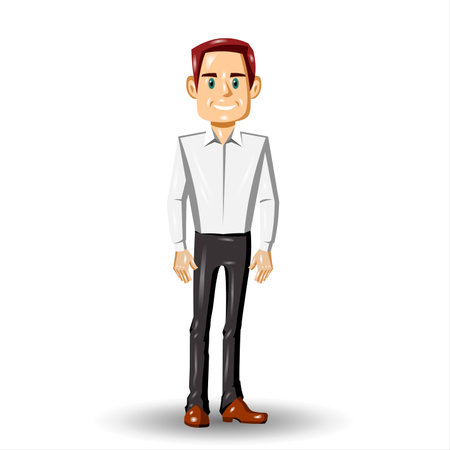 Vector illustration of a smiling man in a white shirt and black pantsの写真素材