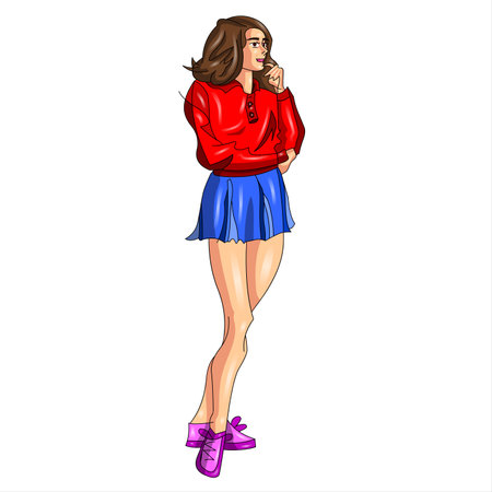 Beautiful young woman in a red jacket and blue skirt. Vector illustration.の写真素材