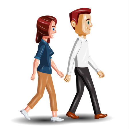 Vector illustration of a young man and woman walking together, isolated on white backgroundの写真素材