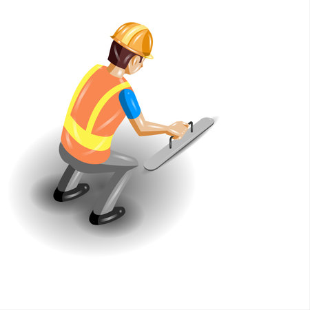 Isometric construction worker with tablet. Vector illustration for your design.の写真素材