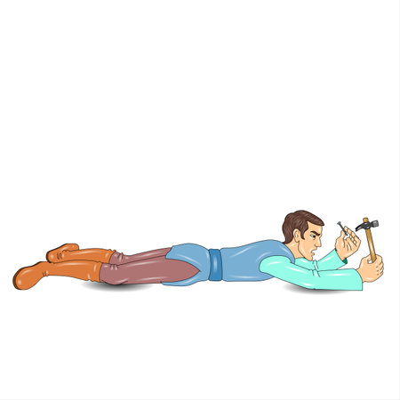 Vector illustration of a man lying down on the floor with hammer.の写真素材