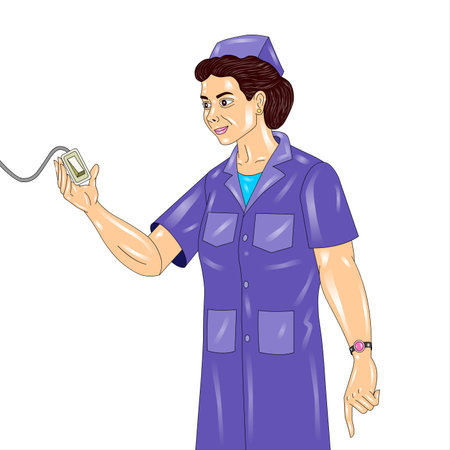Vector illustration of a female electrician in a purple uniform with an electric cableの写真素材