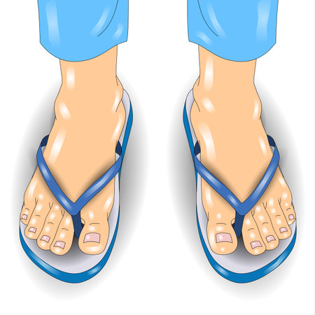 Female feet in blue sandals on a white background. Vector illustrationの写真素材