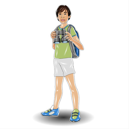 Tourist with binoculars and backpack isolated on white background.の写真素材