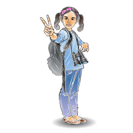 Girl tourist with a backpack and binoculars. Vector illustration.の写真素材