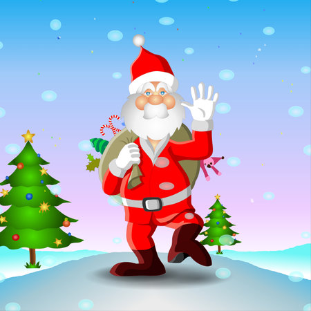 Santa Claus with a bag of gifts on the background of the Christmas treeの写真素材