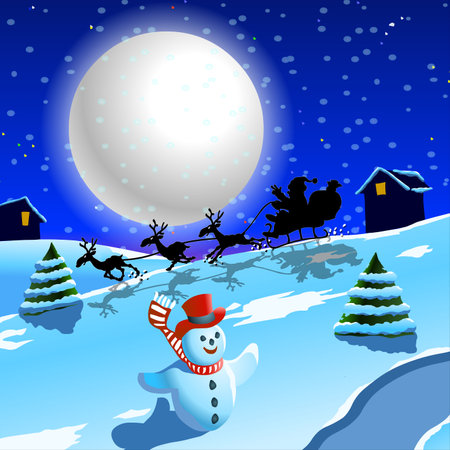 snowman on the background of the night winter landscape, vector illustrationの写真素材