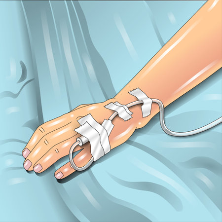Illustration of a patient's hand with an IV bag in a hospitalの写真素材