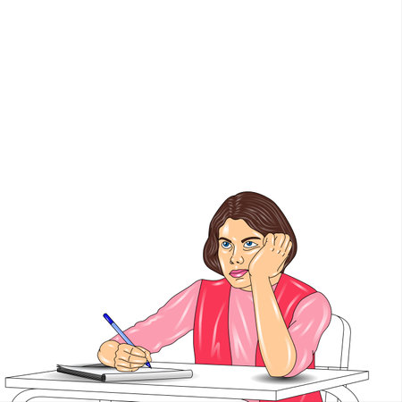 Illustration of a young woman sitting at a desk and making notesの写真素材