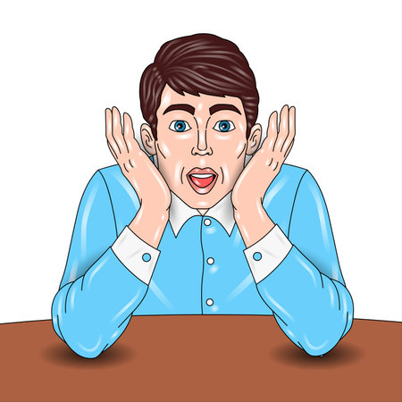 Surprised young man sitting at the table. Vector illustration.の写真素材