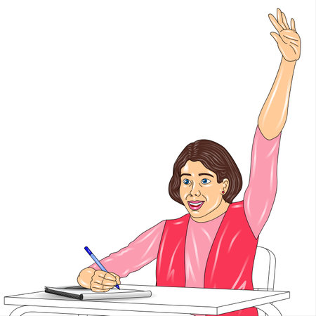 illustration of a woman doing her homework on a white background.の写真素材