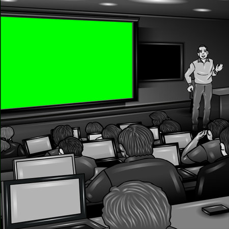Illustration of a man in front of a classroom watching a green screenの写真素材