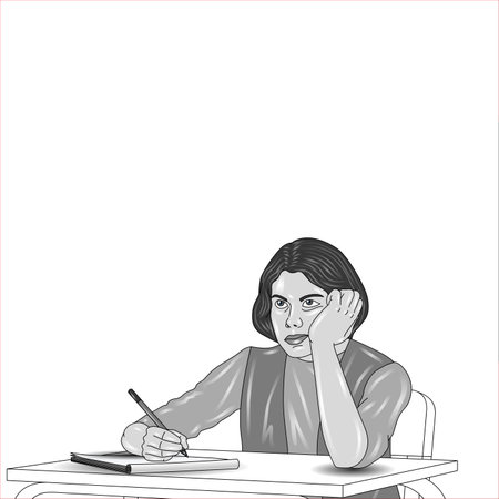 Illustration of a young woman sitting at a desk and doing homeworkの写真素材