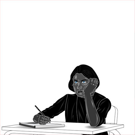 Illustration of a black woman sitting at the table and thinking.の写真素材