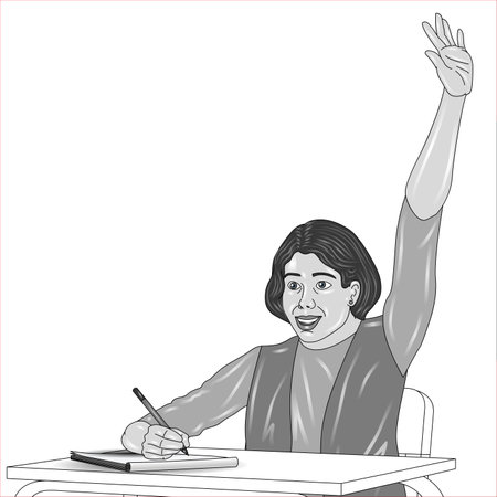 Black and white illustration of a young woman sitting at her desk and raising her hand.の写真素材
