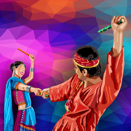 Indian dance on colorful polygonal background. Vector illustration for your design.の写真素材