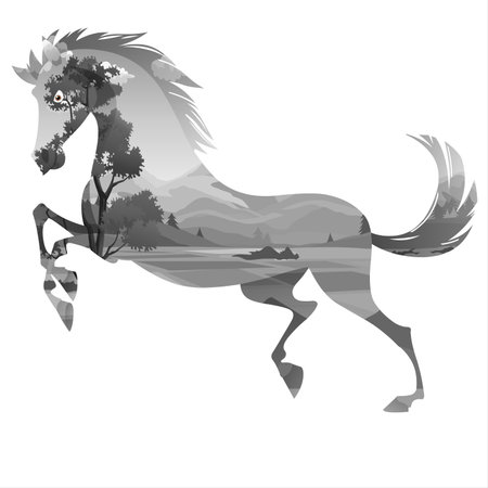 Horse in the forest. Silhouette. Vector illustration.の写真素材