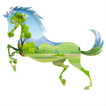 Horse in a field of grass and trees. Vector illustration.の写真素材
