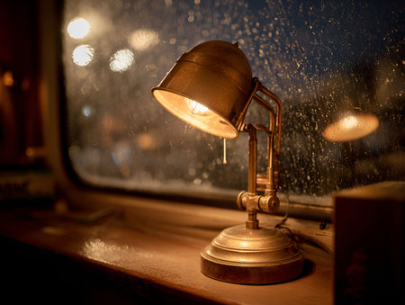 A vintage brass desk lamp casts a warm glow on a wooden surface, with a rain-streaked window and blurred city lights visible in the background.の素材