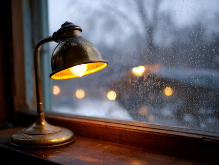 A vintage desk lamp casts a warm, inviting glow on a wooden surface next to a window streaked with rain.の素材