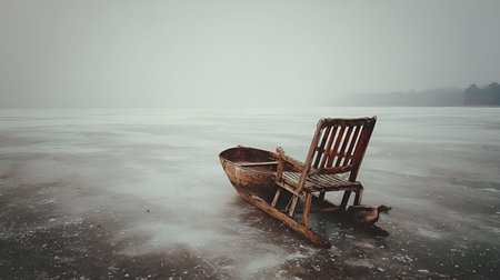 A weathered wooden chair sits in a small boat, partially submerged in shallow water on a misty, desolate shore.の素材
