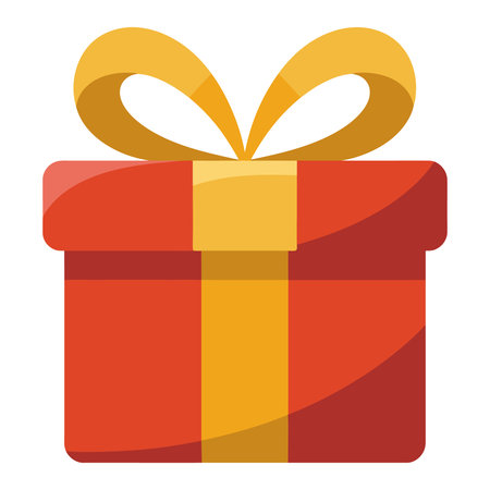 A stylized, flat design illustration of a vibrant red gift box adorned with a golden yellow ribbon and a prominent bow.のイラスト素材