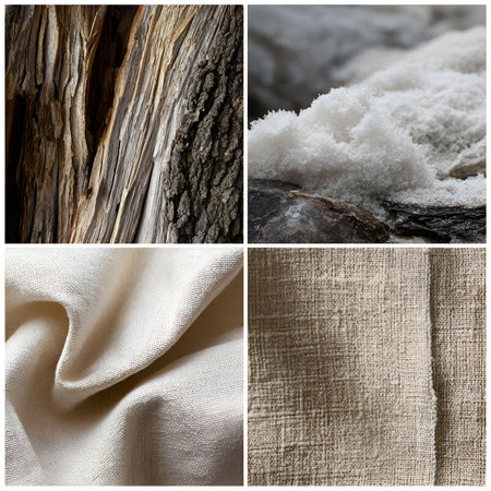 collage of natural textures with white fabric and tree bark close upの素材