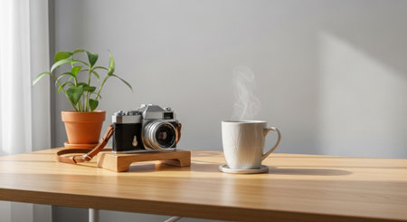 A serene morning scene featuring a vintage camera, a steaming cup of coffee, and a small potted plant on a wooden table. The natural light casts a warm glow, creating a peaceful atmosphere perfect for photography enthusiasts and coffee lovers.の素材