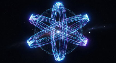 This image depicts a vivid and intricate representation of an atomic structure. The central nucleus is surrounded by orbiting electrons, illustrated with glowing, interconnected lines forming a symmetrical pattern. The design is set against a dark background, highlighting the luminous paths of the electrons. This artistic rendition emphasizes the beauty and complexity of atomic physics.の素材