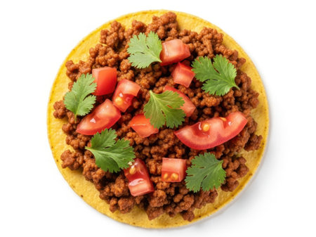 Taco with ground beef and vegetables isolated on white backgroundの素材