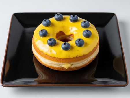 Delicious donut with blueberries and yellow icing, isolated on white backgroundの素材
