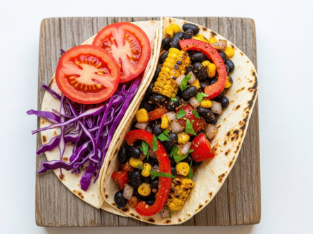 Veggie tacos with corn and beans isolated on white backgroundの素材