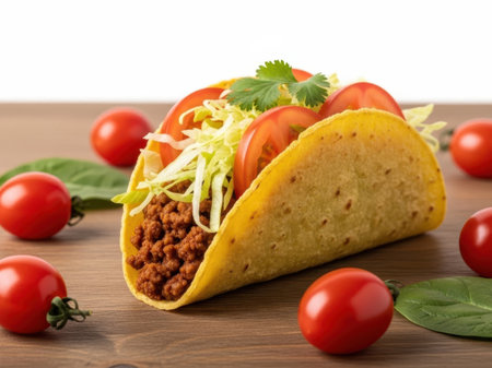 Taco with ground beef and fresh vegetables isolated on white backgroundの素材