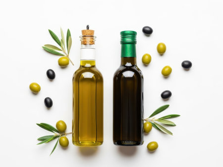 Two bottles of olive oil with olives and leaves isolated on white backgroundの素材